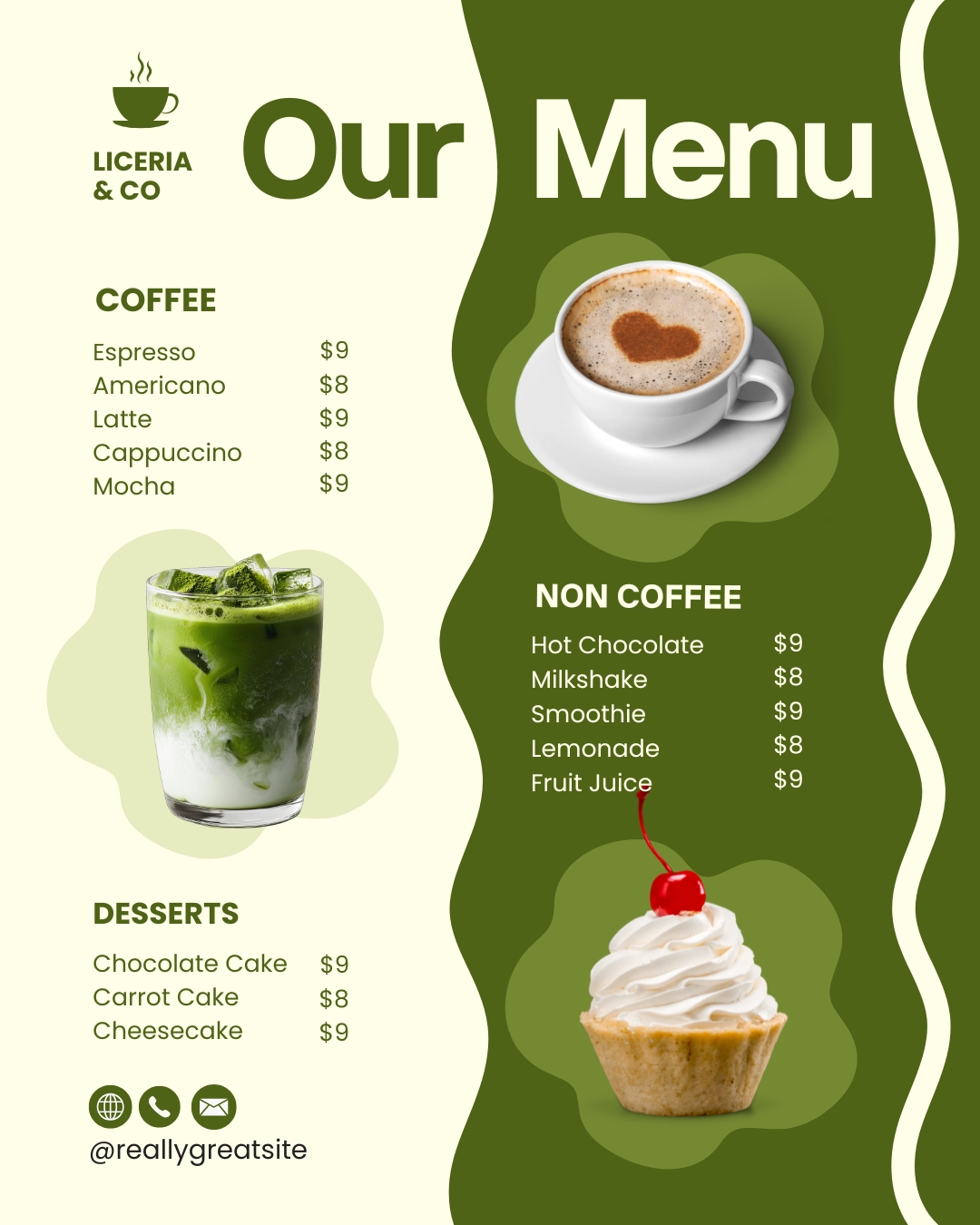 Chirag Darji graphic designer Udaipur – coffee shop menu Instagram post design with modern green and white layout for Liceria and Co
